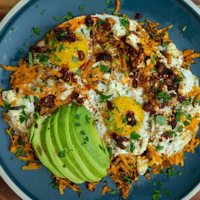 Feta Fried Eggs over Sweet Potato Hash Brown Recipe